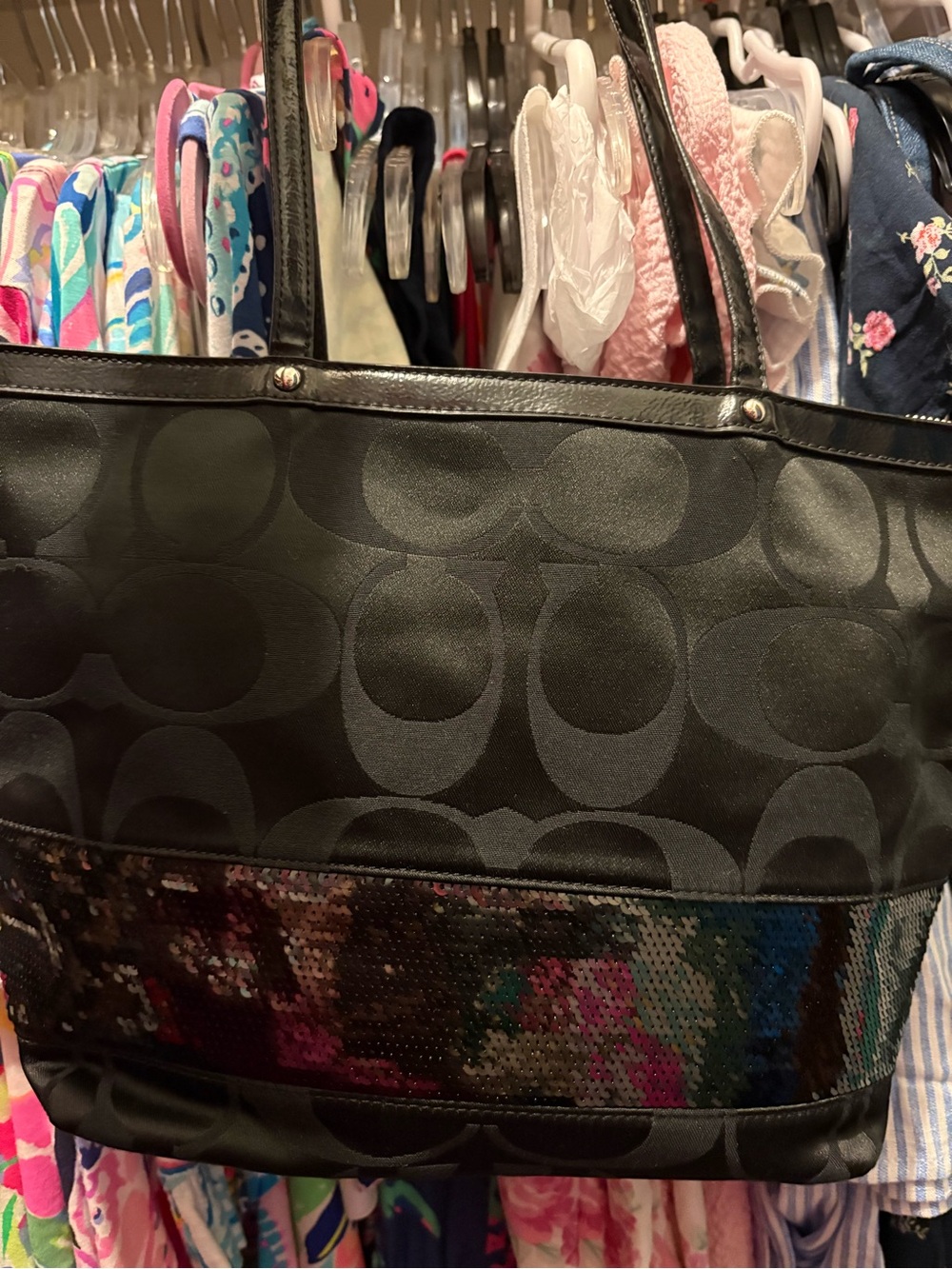 Coach Black Signature Tote with black Sequin Panel